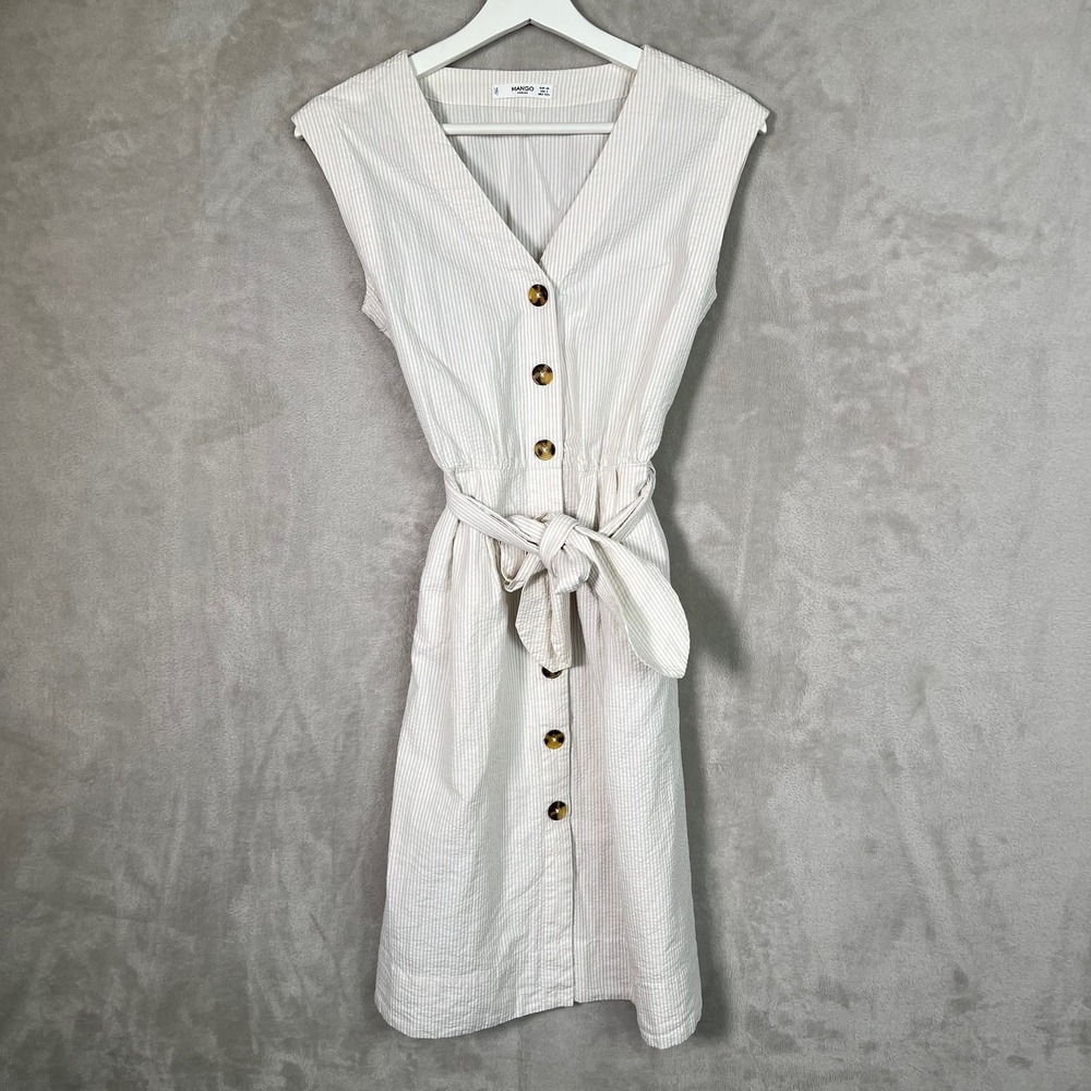 Mango Seersucker Dress XS 2 Beige Stripe Button Front Tie Waist Pockets Coastal